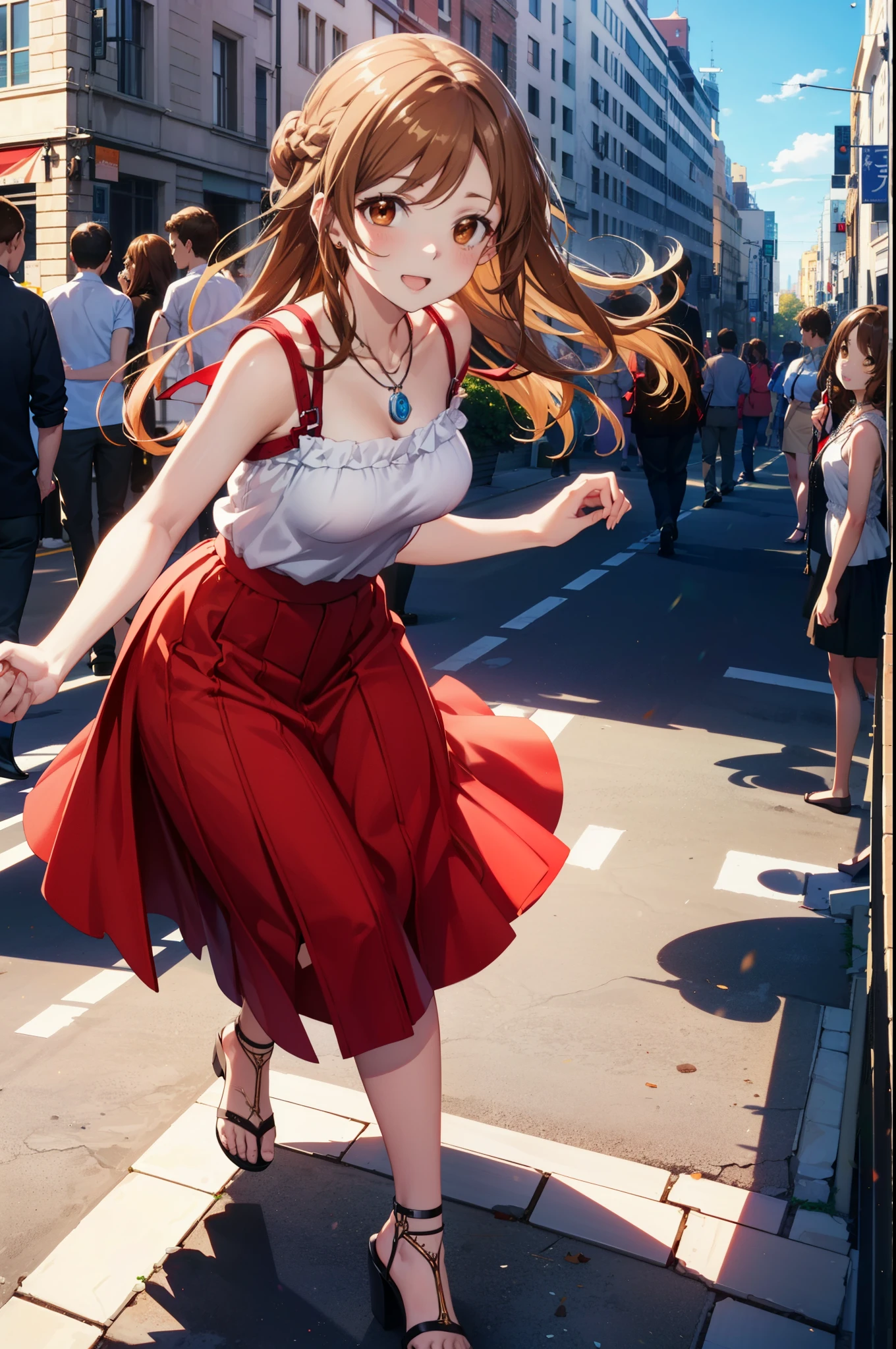 a sun ayuuki, a sun a yuuki, Long Hair, Brown Hair, (Brown eyes:1.8),happy smile, smile, Open your mouth,Locket Necklace,Red sleeveless dress,Red long skirt,Cute heeled sandals,True Summer,Daytime,Clear skies,whole bodyがイラストに入るように,
break outdoors, In town,Building district,crowd, people々々,
break looking at viewer, whole body,
break (masterpiece:1.2), highest quality, High resolution, unity 8k wallpaper, (figure:0.8), (Beautiful fine details:1.6), Highly detailed face, Perfect lighting, Highly detailed CG, (Perfect hands, Perfect Anatomy),