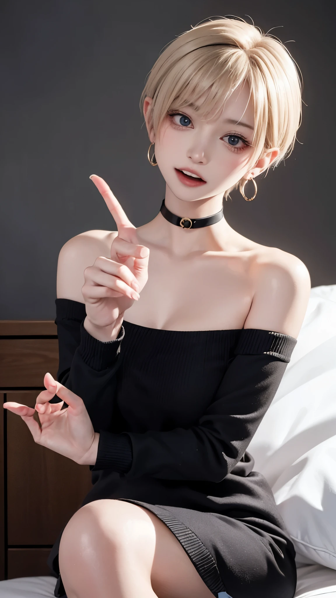 1 Girl、solo、masterpiece,highest quality,High resolution,Very detailed, 

accurate to the human body、Correct five-finger、Perfect human body、Detailed people、Highly detailed face and skin texture、Natural neck length、(Beautiful Hands)、Beautiful, long and slender legs、Correct two legs、Correct two arms、
Perfect human body、Accurate human body、A perfect and accurate left hand、A perfect and accurate right hand、Perfect and precise fingers、


skinny,Black Choker,Earrings,Big cleavage、Off-the-shoulder tight sweater dress,

 (( Peace sign with both hands)), (Blowjob Gestures:1.5), (((Open your mouth))), Heavy breathing , (aheghentai face), 
Blonde pixie short hair、
Accurate 5-finger、Accurate human body、The perfect human body、((Captivating smile ))、

Boyfriend room、A Guys room、A light-off room at night、indoor、High School Boy's Room、Detailed Background、