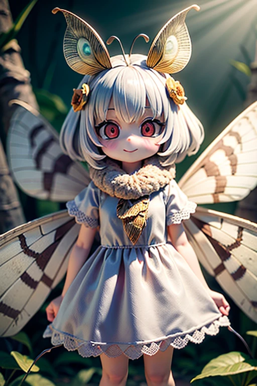 solo,1woman\(cute,kawaii,,skin color white,short white hair,(big moth wing hair:1.7),white dress\(beautiful race\),(2moth antennaes at head),smile,[moth wing on back:2.0],[moth wing on body:2.0],[moth wings:2.0],[extra arm],moth wing is only at hair\),background\(dappled sunlight,beautiful forest,dark,\), BREAK ,quality\(8k,wallpaper of extremely detailed CG unit, ​masterpiece,hight resolution,top-quality,top-quality real texture skin,hyper realisitic,increase the resolution,RAW photos,best qualtiy,highly detailed,the wallpaper,cinematic lighting,ray trace,golden ratio,\)