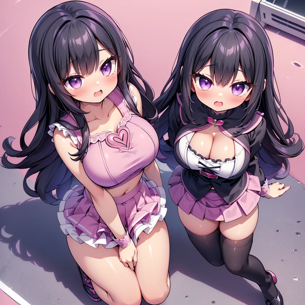 (8K、Best image quality、highest quality、masterpiece)、Detailed face、(tall stature), (2 girls, Black Hair, Purple Eyes, long hair)、Improve、 (magical pink girl outfit,frill mini skirt:1.2), (glamorous:1.3), (huge breasts:1.2), (cleavage cutout:1.1), (crop top navel)(open mouth), (embarrassed), Classroom Background, (black stockings:1.2), (Thighs:1.2), (Waistline), (from above:2)