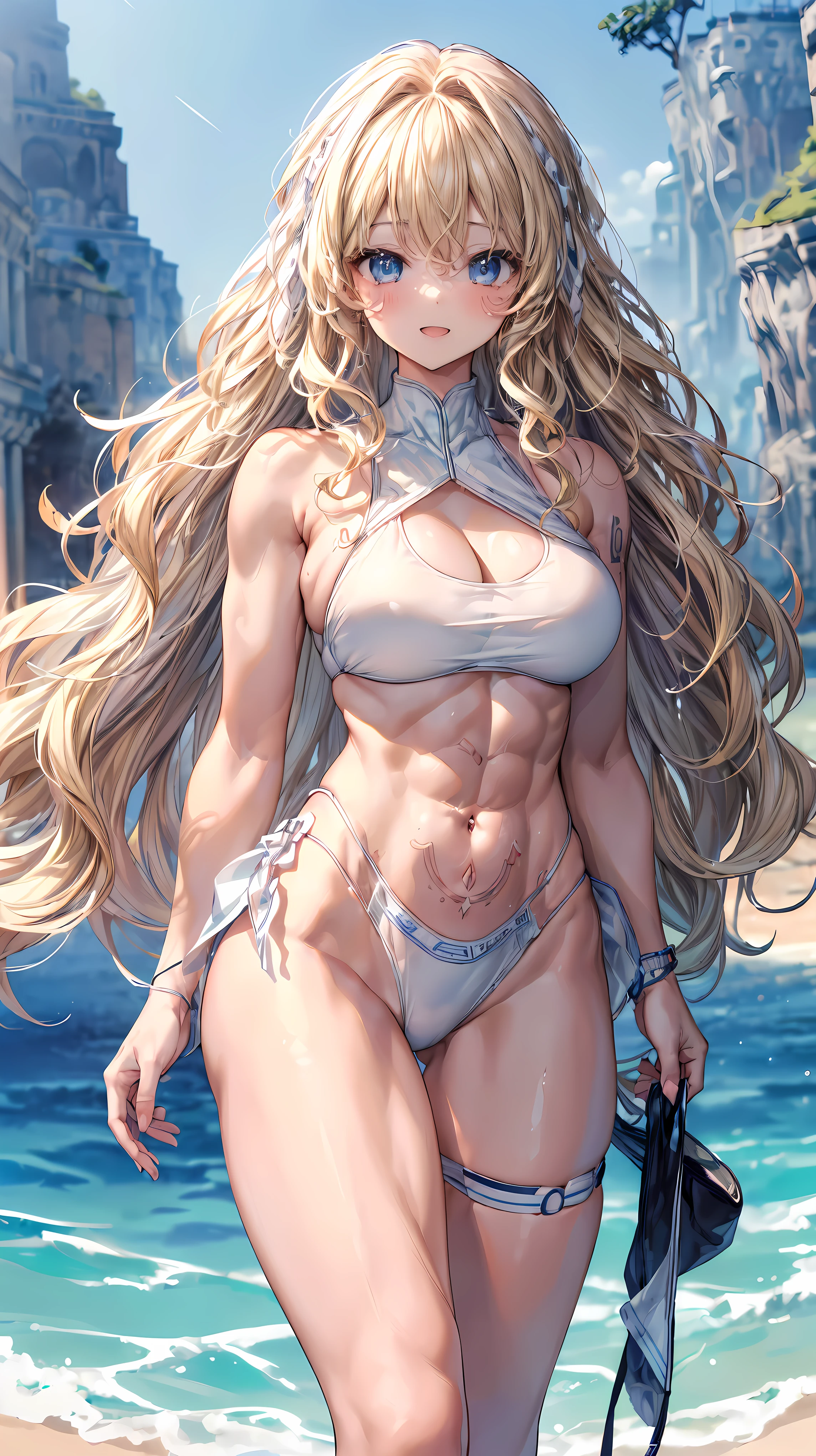 (Adult women:1.5)、Very detailed、highest quality、Best image quality、masterpiece、8k、Anime Face、A kind smile、(Open your mouth:1.3)、Sparkling blue eyes、(Blonde Wavy Hair:1.5)、、Muscles of the whole body、(High leg:1.5)、Thigh belt、(Wearing a white bikini:1.5)、(Cowboy Shot:1.5)、SFW Giant