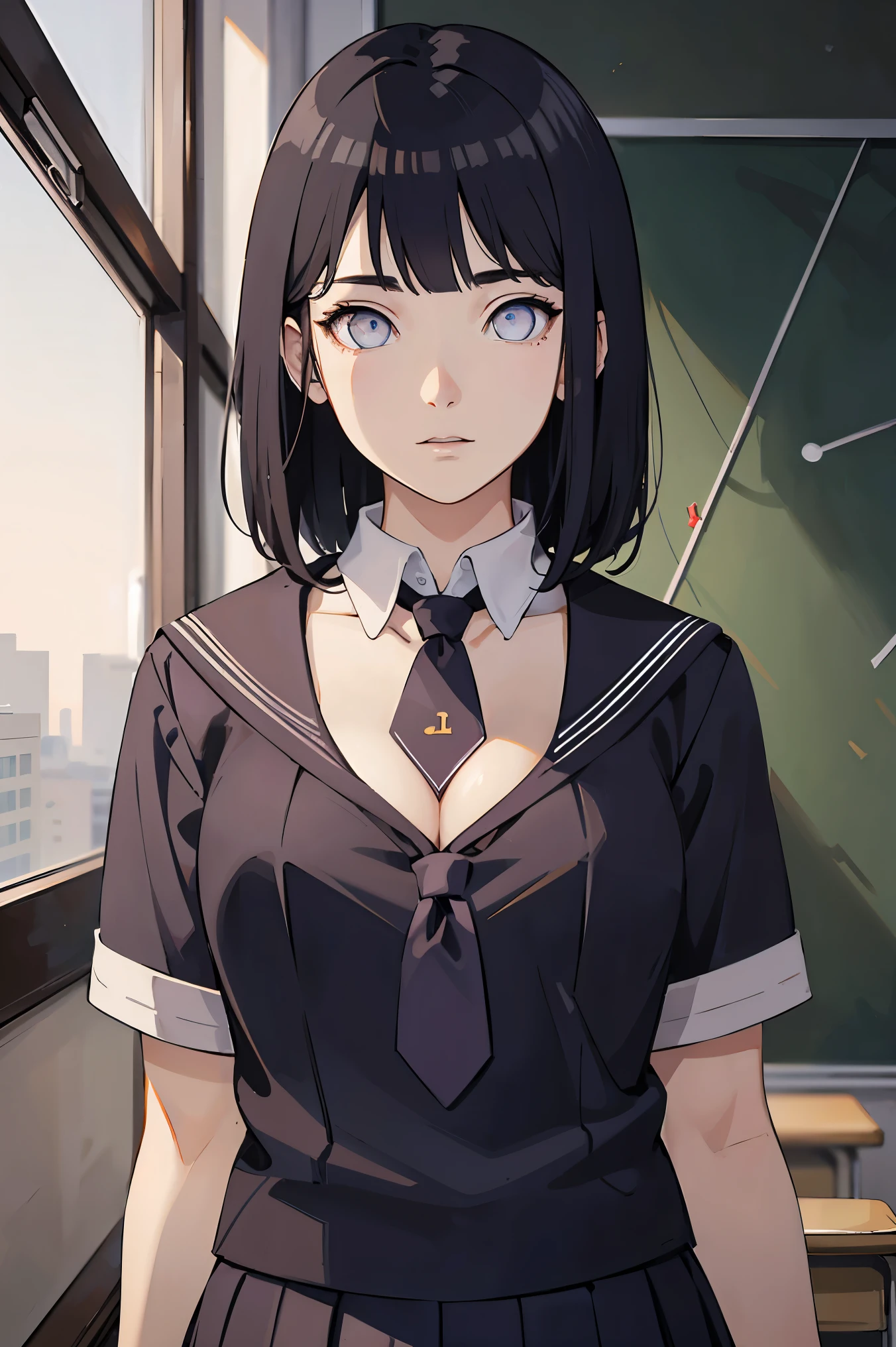 blunt bangs, dark blue hair, purple eyes,
BREAK ((necktie, pleated skirt, , short sleeves, skirt, (u.a. school uniform:1.5):1.5)) 
BREAK poses in a miniskirt, and unbuttoned blouse, very sexy , (cleavage in V:1.3),
BREAK (masterpiece:1.2), best quality, high resolution, unity 8k wallpaper, (illustration:0.8), (beautiful detailed eyes:1.6), extremely detailed face, perfect lighting, extremely detailed CG, (perfect hands, perfect anatomy),