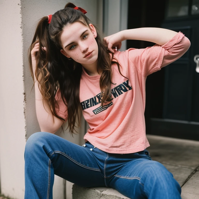 high quality, 1990s grunge style, 20 year old caucasian female, attitude, pale skin with freckles, torn jeans, doc martens, red flannel shirt over a worn black tee, ponytail, long very tight curls of brown hair in a ponytail, photorealistic, 1990s style, grunge, 90s, waist-up