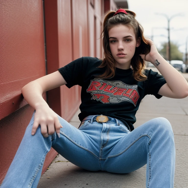 high quality, 1990s grunge style, 20 year old caucasian female, attitude, pale skin with freckles, torn jeans, doc martens, red flannel shirt over a worn black tee, ponytail, long very tight curls of brown hair in a ponytail, photorealistic, 1990s style, grunge, 90s, waist-up