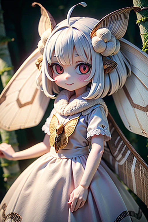 solo,1woman\(cute,kawaii,small kid,skin color white,short white hair,(big moth wing hair:1.7),white dress\(beautiful race\),(2moth antennaes at head),smile,[moth wing on back:2.0],[moth wing on body:2.0],[moth wings:2.0],[extra arm],moth wing is only at hair\),background\(dappled sunlight,beautiful forest,dark,\), BREAK ,quality\(8k,wallpaper of extremely detailed CG unit, ​masterpiece,hight resolution,top-quality,top-quality real texture skin,hyper realisitic,increase the resolution,RAW photos,best qualtiy,highly detailed,the wallpaper,cinematic lighting,ray trace,golden ratio,\)