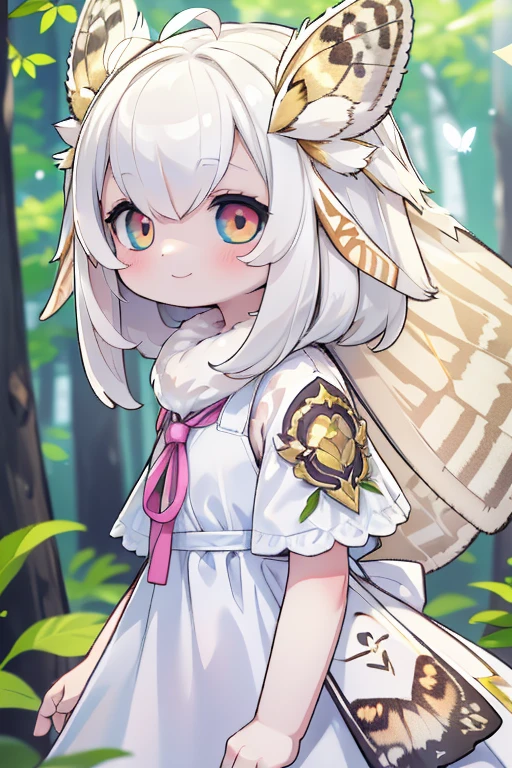 solo,1woman\(cute,kawaii,,skin color white,short white hair,(big moth wing hair:1.7),white dress\(beautiful race\),(2moth antennaes at head),smile,[moth wing on back:2.0],[moth wing on body:2.0],[moth wings:2.0],[extra arm],moth wing is only at hair\),background\(dappled sunlight,beautiful forest,dark,\), BREAK ,quality\(8k,wallpaper of extremely detailed CG unit, ​masterpiece,hight resolution,top-quality,top-quality real texture skin,hyper realisitic,increase the resolution,RAW photos,best qualtiy,highly detailed,the wallpaper,cinematic lighting,ray trace,golden ratio,\)