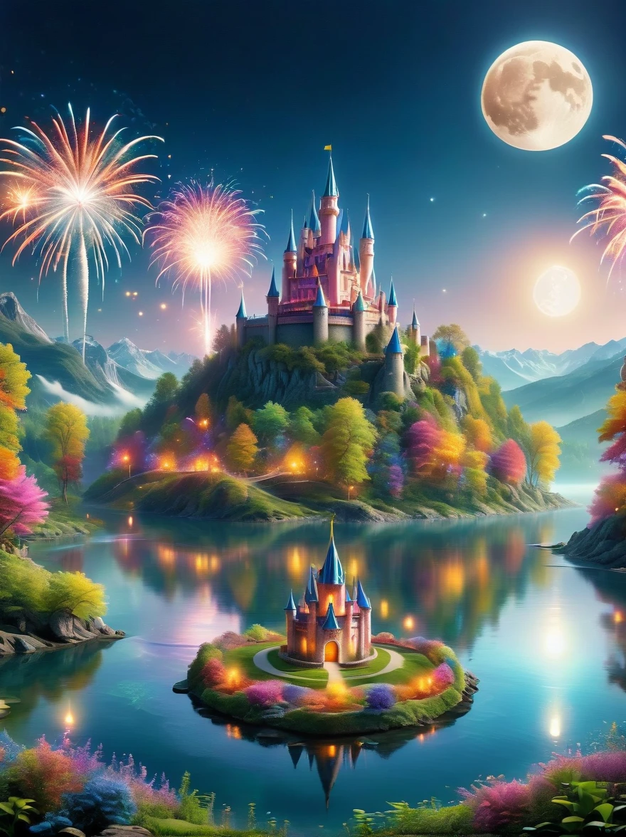 (A mysterious dream castle:1.5), night，(moon:1.5)，(Bubbles)，(fireworks:1.5)，Dreams，(Psychedelic)，(Neon light)，In dreams，A hidden lake，Bright colors，A Glowing Feast，Add a unique character emitting the ethereal aura of a fantasy creature by the water。Wide angle lens，Make it panoramic，Showcasing stunning castle woodland scenery，This magical scene is full of the essence of the fantasy world, Fine fractal，smooth，vivid，Color ink，sketch，Shiny silhouette