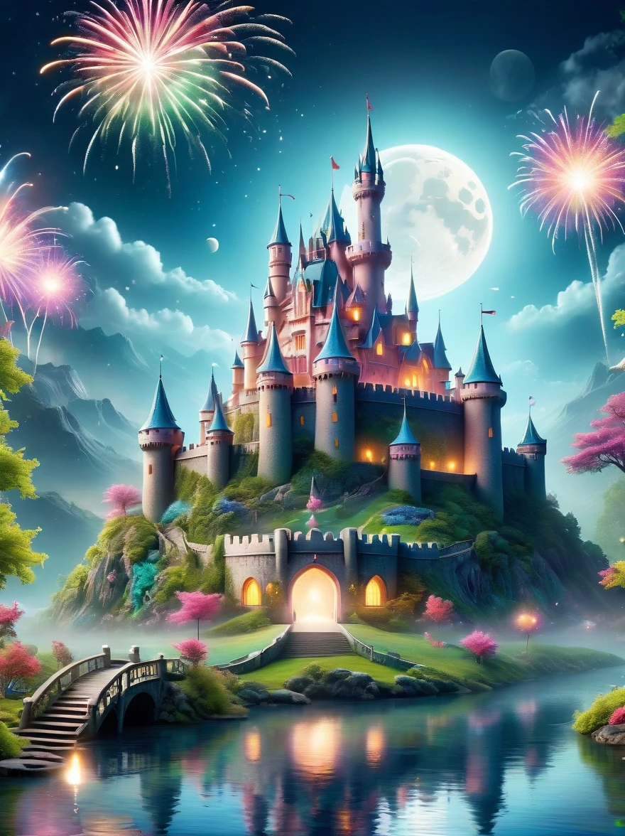 (A mysterious dream castle:1.5), night，(moon:1.5)，(Bubbles)，(fireworks:1.5)，Dreams，(Psychedelic)，(Neon light)，In dreams，A hidden lake，Bright colors，A Glowing Feast，Add a unique character emitting the ethereal aura of a fantasy creature by the water。Wide angle lens，Make it panoramic，Showcasing stunning castle woodland scenery，This magical scene is full of the essence of the fantasy world, Fine fractal，smooth，vivid，Color ink，sketch，Shiny silhouette