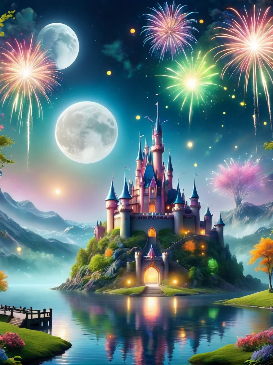 (A mysterious dream castle:1.5), night，(moon:1.5)，(Bubbles)，(fireworks:1.5)，Dreams，(Psychedelic)，(Neon light)，In dreams，A hidden lake，Bright colors，A Glowing Feast，Add a unique character emitting the ethereal aura of a fantasy creature by the water。Wide angle lens，Make it panoramic，Showcasing stunning castle woodland scenery，This magical scene is full of the essence of the fantasy world, Fine fractal，smooth，vivid，Color ink，sketch，Shiny silhouette