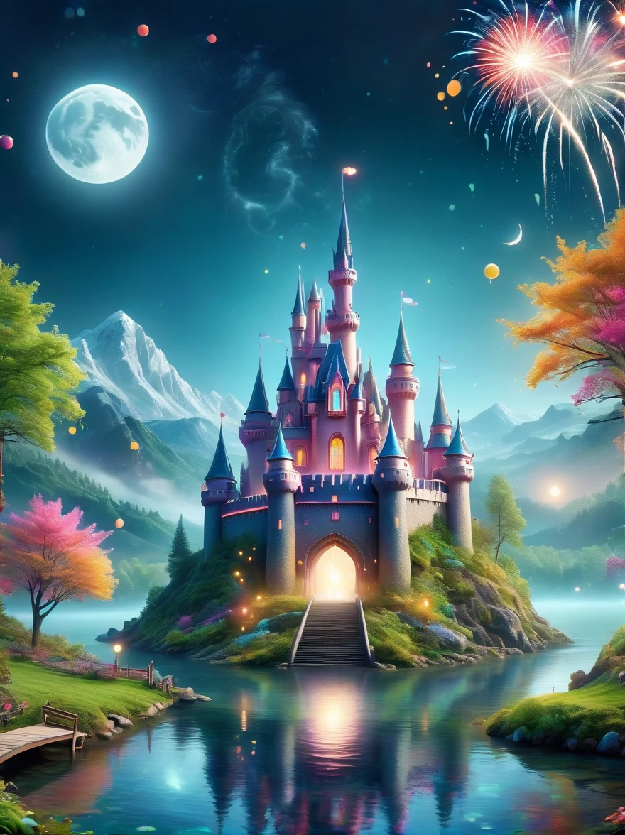 (A mysterious dream castle:1.5), night，(moon:1.5)，(Bubbles)，(fireworks:1.5)，Dreams，(Psychedelic)，(Neon light)，In dreams，A hidden lake，Bright colors，A Glowing Feast，Add a unique character emitting the ethereal aura of a fantasy creature by the water。Wide angle lens，Make it panoramic，Showcasing stunning castle woodland scenery，This magical scene is full of the essence of the fantasy world, Fine fractal，smooth，vivid，Color ink，sketch，Shiny silhouette