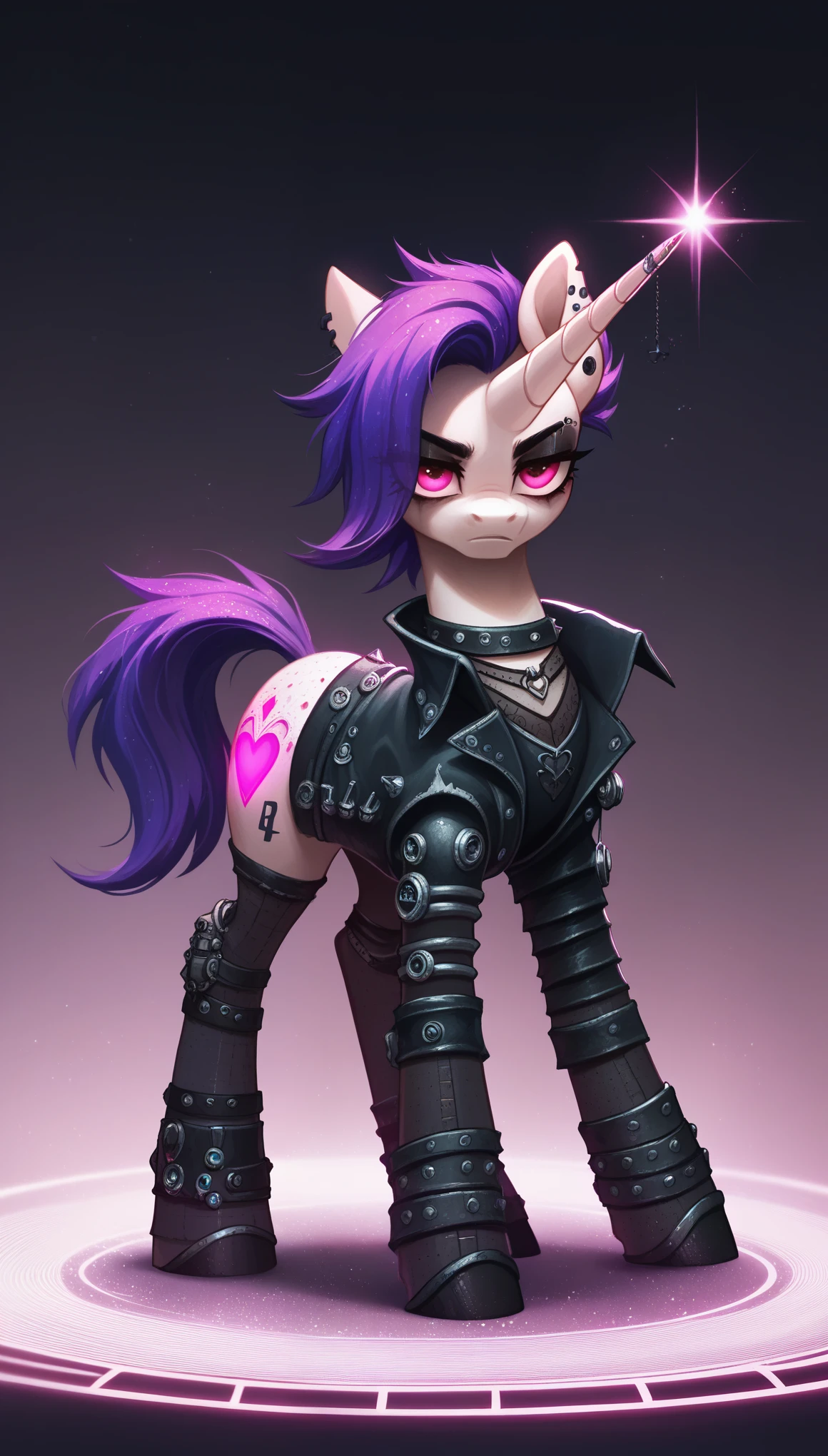 score_9,score_8_up,score_7_up,score_6_up, Gothic pony, cybergoth fashion, glowing backlight, club scene, glitter, whimsical, enchanted, magical, fantasy art concept, intricate details,