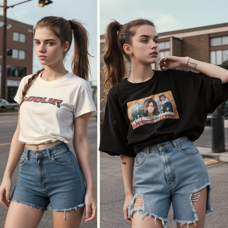 high quality, 1990s grunge style, 20 year old caucasian female, attitude, pale skin with freckles, torn jeans, doc martens, red flannel shirt over a worn black tee, ponytail, long very tight curls of brown hair in a ponytail, photorealistic, 1990s style, grunge, 90s, waist-up