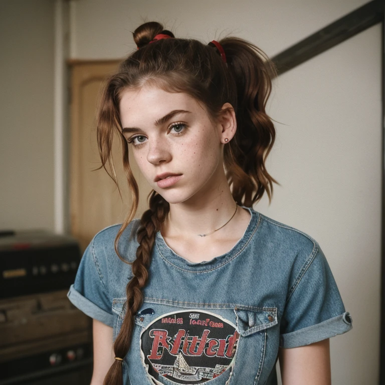 high quality, 1990s grunge style, 20 year old caucasian female, attitude, pale skin with freckles, torn jeans, doc martens, red flannel shirt over a worn black tee, ponytail, long very tight curls of brown hair in a ponytail, photorealistic, 1990s style, grunge, 90s, waist-up