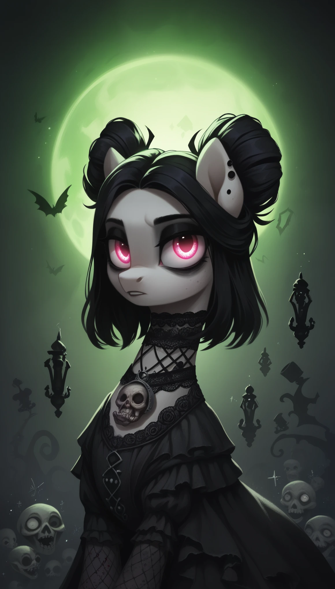 score_9,score_8_up,score_7_up,score_6_up, Gothic pony, neo-goth fashion, glowing backlight, horror scene, glitter, whimsical, enchanted, magical, fantasy art concept, intricate details,