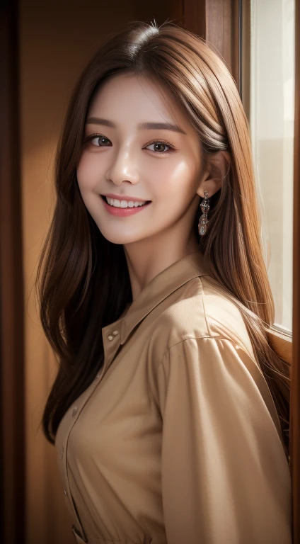 ((highest quality、8k、masterpiece:1.3))、One Girl、Laughter、Upper body、Slim face、Beautiful woman、(Dark brown hair)、Wearing a beige dress shirt、Lower body pants、Ultra detailed face、Detailed eyes、double eyelid、Room Bedroom、night、indirect lighting