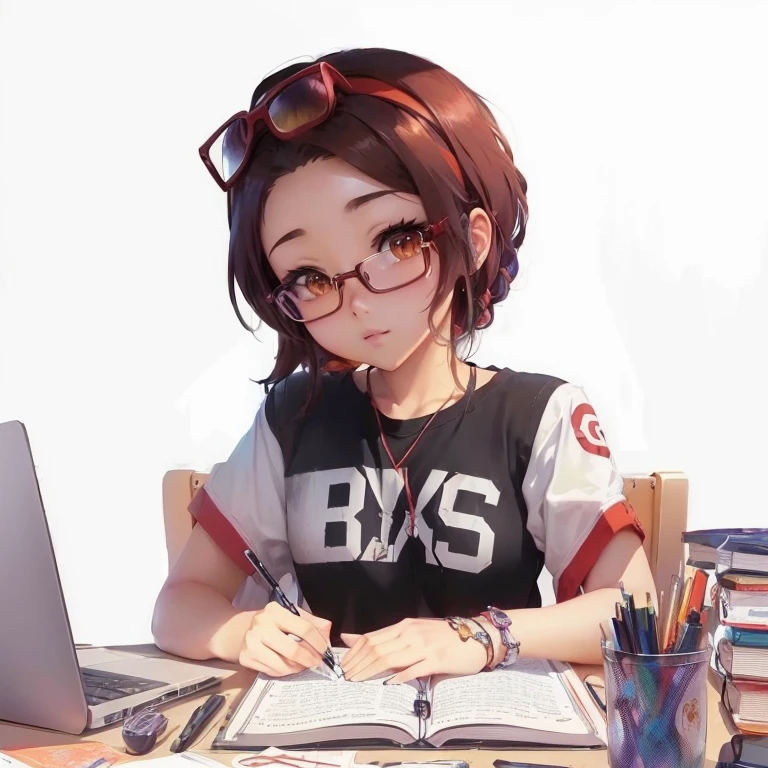 chica anime sitting at a desk with a laptop and a book, (chica anime), guweiz, realistic anime art style, estilo animado. 8k, obra de arte al estilo de guweiz, female protagonist 👀 :8, cute chica anime, chica anime, estilo animado 4 k, young chica anime, digital anime illustration, high quality anime art style