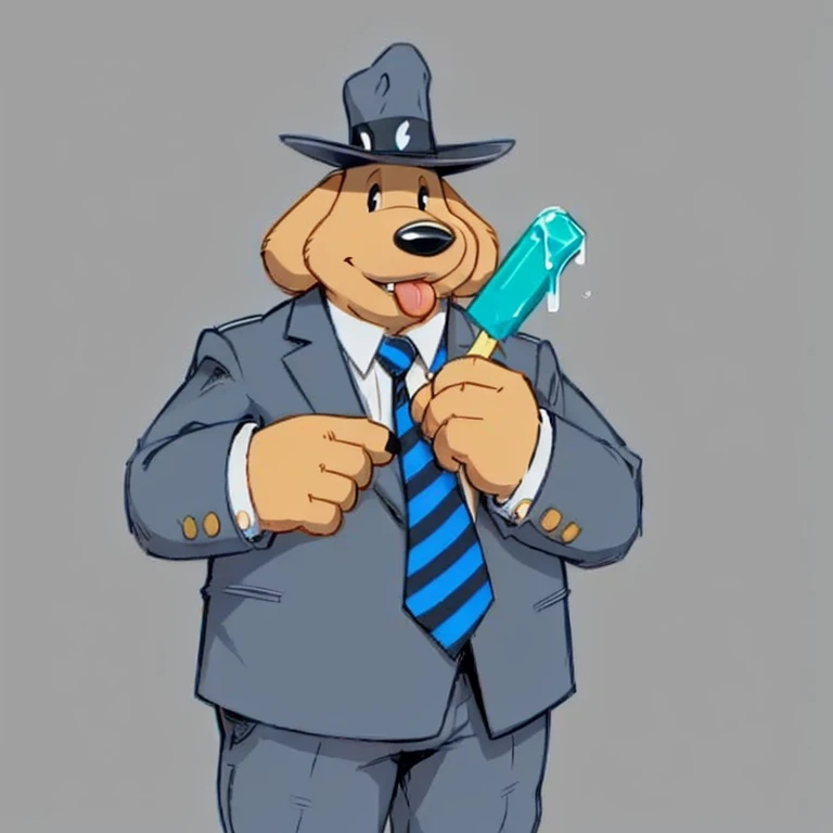 Solo male, sam, dog, tall, stocky body, slightly chubby, mature, floppy ears, black eyes, brown fur, blue grey suit and pants, blue grey hat, blue and black striped necktie, holding a popsicle, tongue out