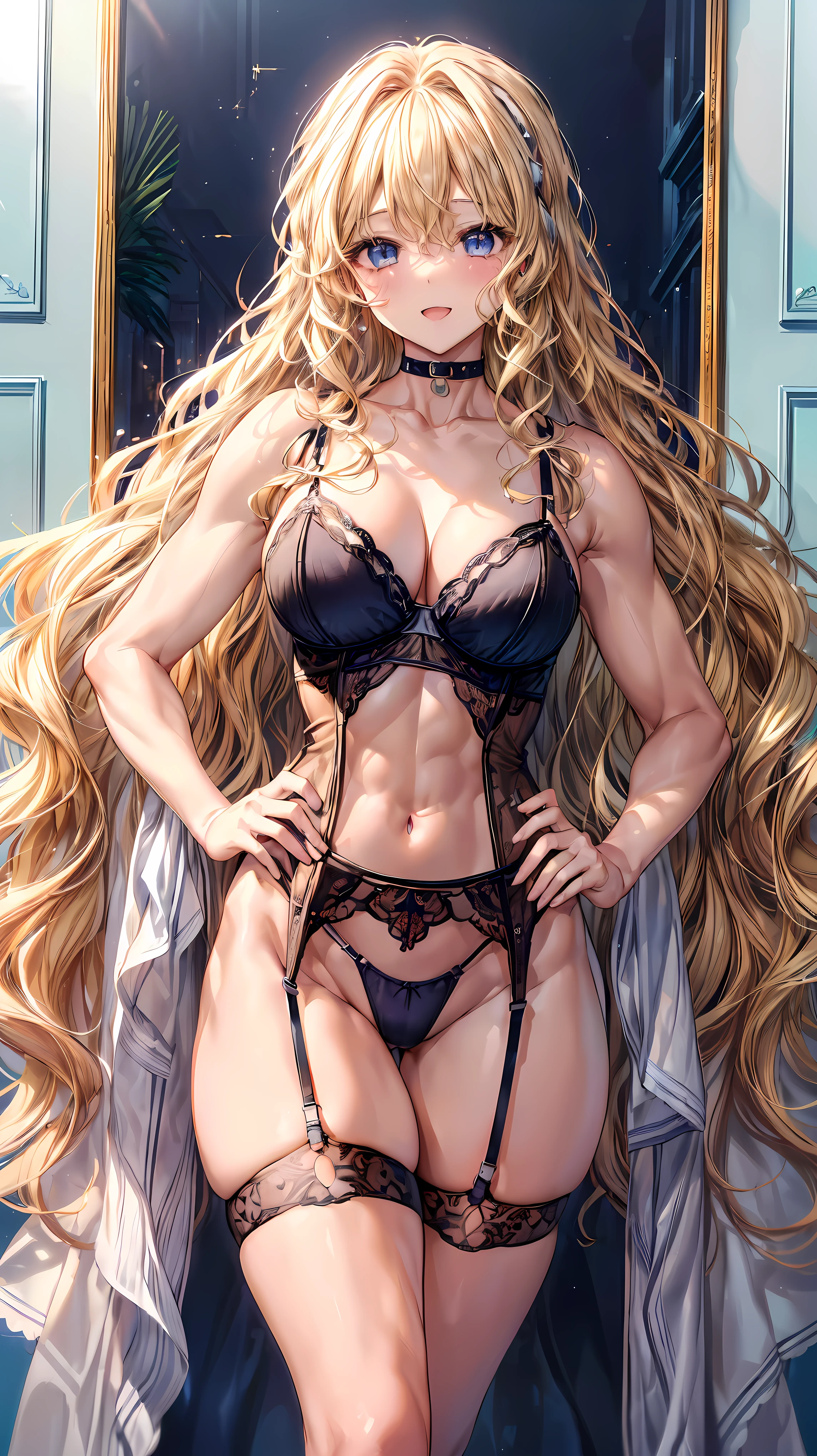 (Adult women:1.5)、Very detailed、highest quality、Best image quality、masterpiece、8k、Anime Face、A kind smile、(Open your mouth:1.3)、Sparkling blue eyes、(Blonde Wavy Hair:1.5)、、Muscles of the whole body、(High leg:1.5)、Thigh belt、(Wearing lingerie:1.5)、(Cowboy Shot:1.5)、SFW Giant、(Put your hands on your hips)