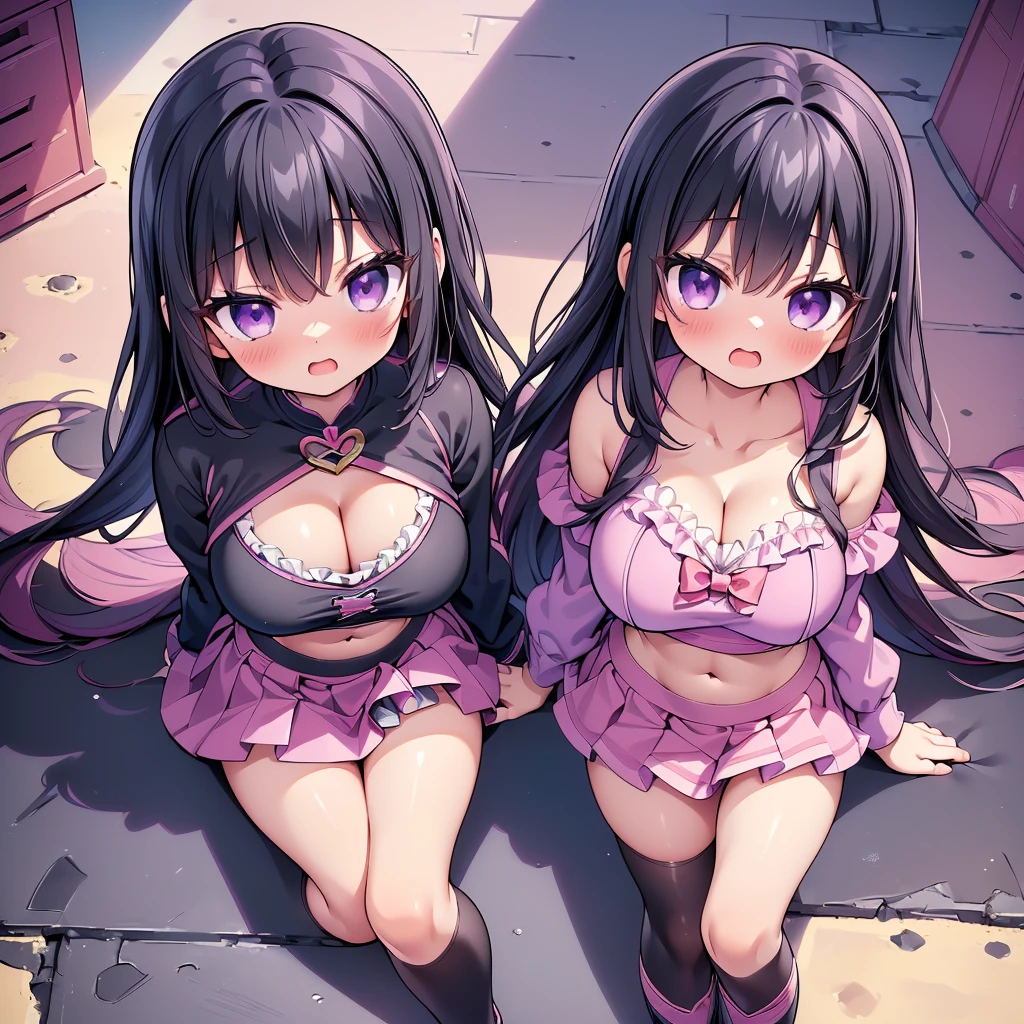 (8K、Best image quality、highest quality、masterpiece)、Detailed face、(2 girls, Black Hair, Purple Eyes, long hair)、Improve、 (magical pink girl outfit,frill mini skirt:1.2), (skinny body:1.4), (huge breasts:1.3), (cleavage cutout:1.1), (crop top navel), (open mouth), (embarrassed), Classroom Background, (black stockings:1.2), (Thighs:1.2), (Waistline), (from above:2)