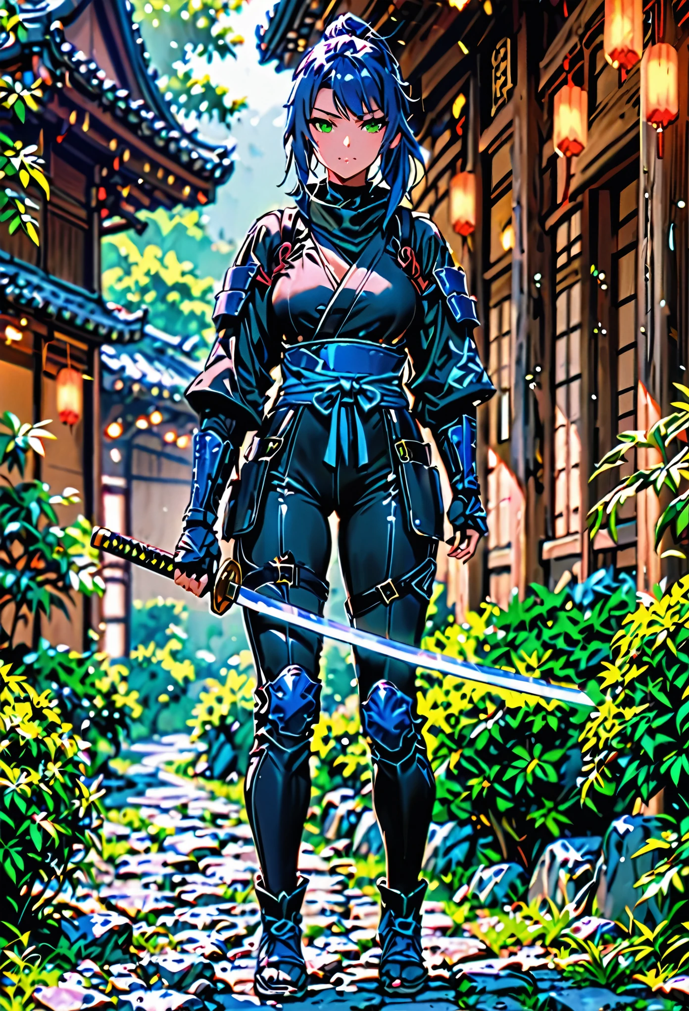 best quality, masterpiece, highres, 1girl, female ninja, blue hair, medium hair, ponytail, green eyes, tight black bodysuit, armored, holding katana, full body shot, solo