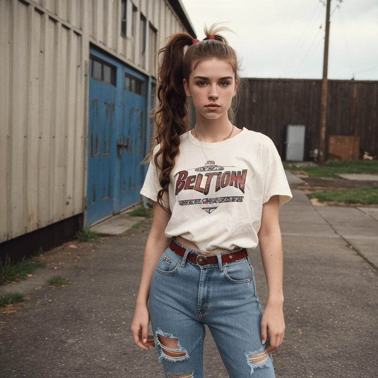high quality, 1990s grunge style, 20 year old caucasian female, attitude, pale skin with freckles, torn jeans, doc martens, red flannel shirt over a worn black tee, ponytail, long very tight curls of brown hair in a ponytail, photorealistic, 1990s style, grunge, 90s, waist-up