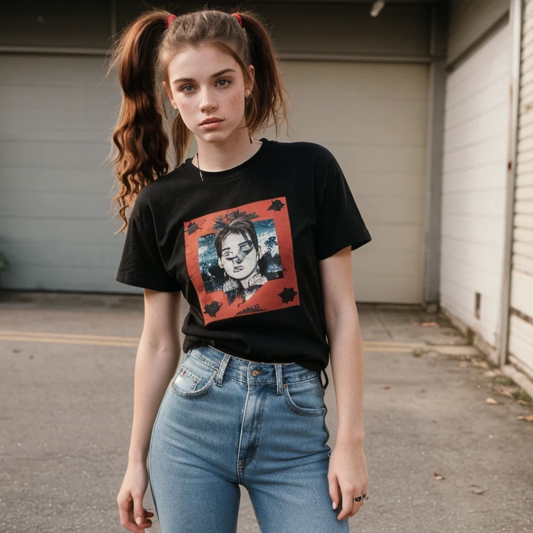 high quality, 1990s grunge style, 20 year old caucasian female, attitude, pale skin with freckles, torn jeans, doc martens, red flannel shirt over a worn black tee, ponytail, long very tight curls of brown hair in a ponytail, photorealistic, 1990s style, grunge, 90s, waist-up