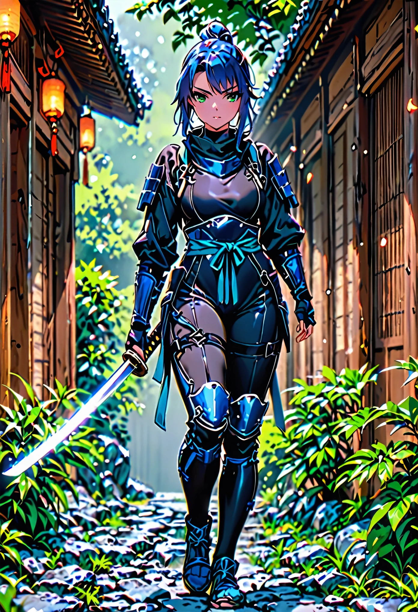 best quality, masterpiece, highres, 1girl, female ninja, blue hair, medium hair, ponytail, green eyes, tight black bodysuit, armored, holding katana, full body shot, solo