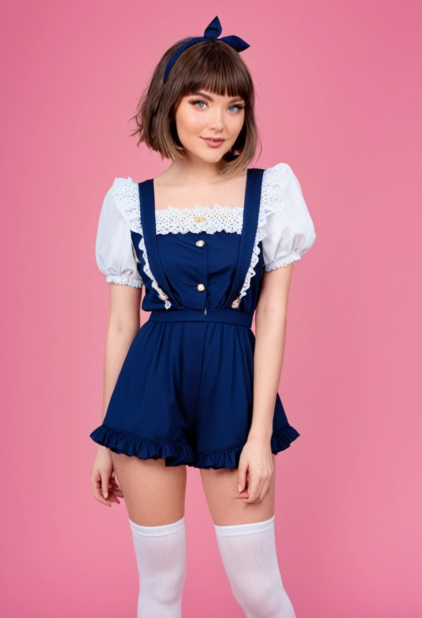 ((Holding on to a flip open compass with a silver covering)) and ((surrounded my a pink background pink and white  tiny comic stars))and Is a girl with blue eyes. Wispy gold-brown bob with side cut-styled bangs. Slim body. Cute face. Rosey cheeks.Pale Skin.Pink lips. Wearing a blue blouse with puffy sleeves.Attached to the hem of the Skeeves is blue frilly cotton trimmings.Over the blouse a  navy blue romper with straps. Attached to the bottom of the romper is a matching skirt. A white lacy gardier is on her left leg. Also wearing white socks inside, Knee High blue boots 
