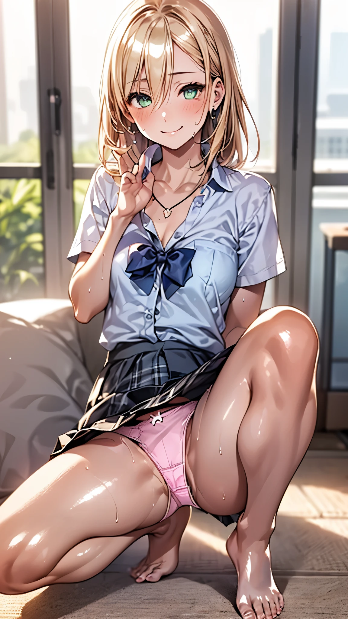nswf、(masterpiece:1.2, highest quality), (Realistic, photoRealistic:1.4), Beautiful illustrations, (Natural Side Lighting, Cinema Lighting),
View your viewers, whole body, 1 girl, Japanese, high School girl, Perfect Face, Cute and symmetrical face, Sunburn, (Oily skin,Glowing Skin,Shiny skin,Sweat:1.2)、
(Middle Hair:0.8, Straight hair:1.4, Blonde), Hair between the eyes, Emerald green eyes, Long Eyelashes, (Large Breasts:0.6), Slim Body、
Beautiful Hair, Beautiful Face, Beautiful fine details, Beautiful clavicle, Beautiful body, Beautiful breasts, Beautiful thighs, Beautiful feet, Beautiful fingers,
((Collared short-sleeved shirt, Light blue shirt, , Grey plaid pleated skirt, Navy them), golden heart necklace, Wrist Chakra), (((Pink panties are visible)))、((Shiny panties:2))),(Beautiful views), School, (Roll up your skirt,Leg spread:1.5,Raise both knees:1.5), ((((Stick out your crotch)))),(((Showing off your crotch))),(Cute smile, In the heat), (((Normal position:1.5)))、((Squatting pose)),((barefoot))