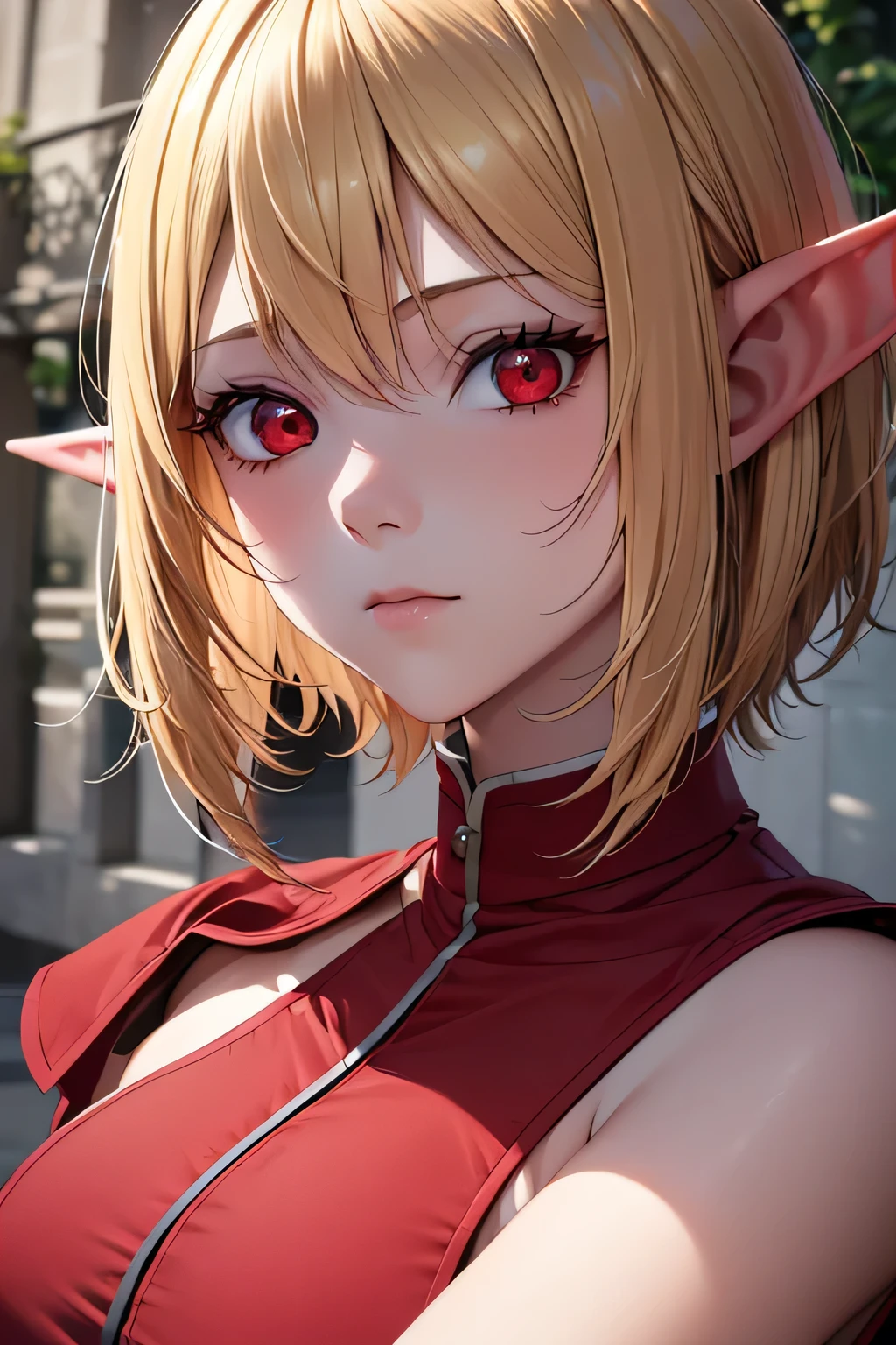 absurdres, (8k, RAW photo, best quality), masterpiece, hyper detailed, perfection, best quality, photo-realistic, (((1girl:1.2))), (((blond girl))), (((solo:1.2))), elf, elf ears, (((blond shortcut hair))), (((burgundy tips of hair))), (((scarlet red eyes))), (slanted red eyes, tsurime), blond eyebrows, (hair ornament), (portrait:1.34), face shot, full-length:1.5, (((fashion model pose))), at schoolyard, daylight, amazing shadow, close-up, ((red watery eyes)), (((face close-up))):1.4