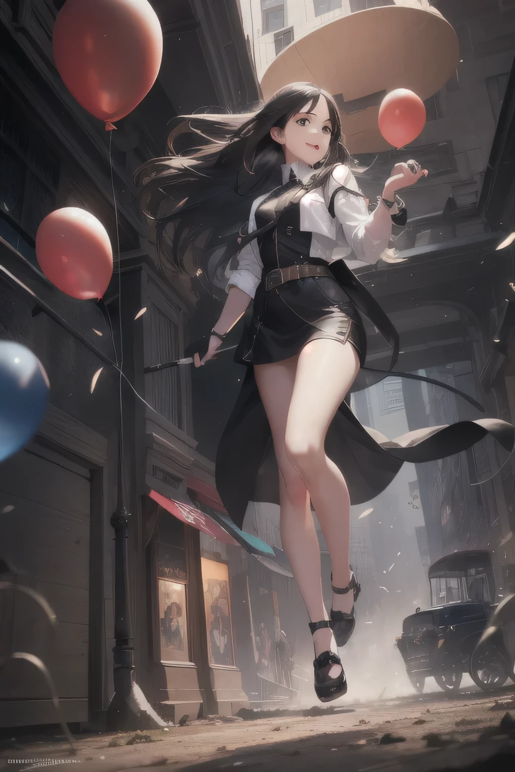 (dynamic angle:1.2), spark art, [(art by Norman Rockwell:0.8)],Best Quality, Masterpiece, Ultra High Resolution, 1girl, beautiful_face, evil_smile,(brown eyes),Very long curl hair,Detailed skin, balloons, full body, dynamic angle, black hair, focus, All while emphasizing the subject's hair, eyes, mouth, and action in a composition that is both pleasing to the eye and thought-provoking.),exuding a melancholy emotion, featuring soothing tones