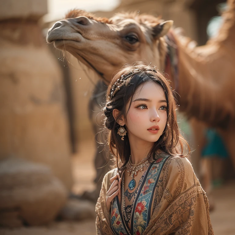 Hide in the desert、Hair flows、 ((highest quality、masterpiece、8k、best image quality、ultra high resolution、Award-winning work)、(accurate anatomy:1.1)、(look at me and smile:1.1)、Shining fair skin with ultra high resolution、most detailed face、ultra high resolution detailed face、ultra high resolutionの髪の毛、(ultra high resolutionの煌めく瞳:1.1)、Beautiful face drawn in every detail、(blurred background:1.1)、ancient Islamic clothes, chest together, tattoo, Old ruins in the background、ride a camel