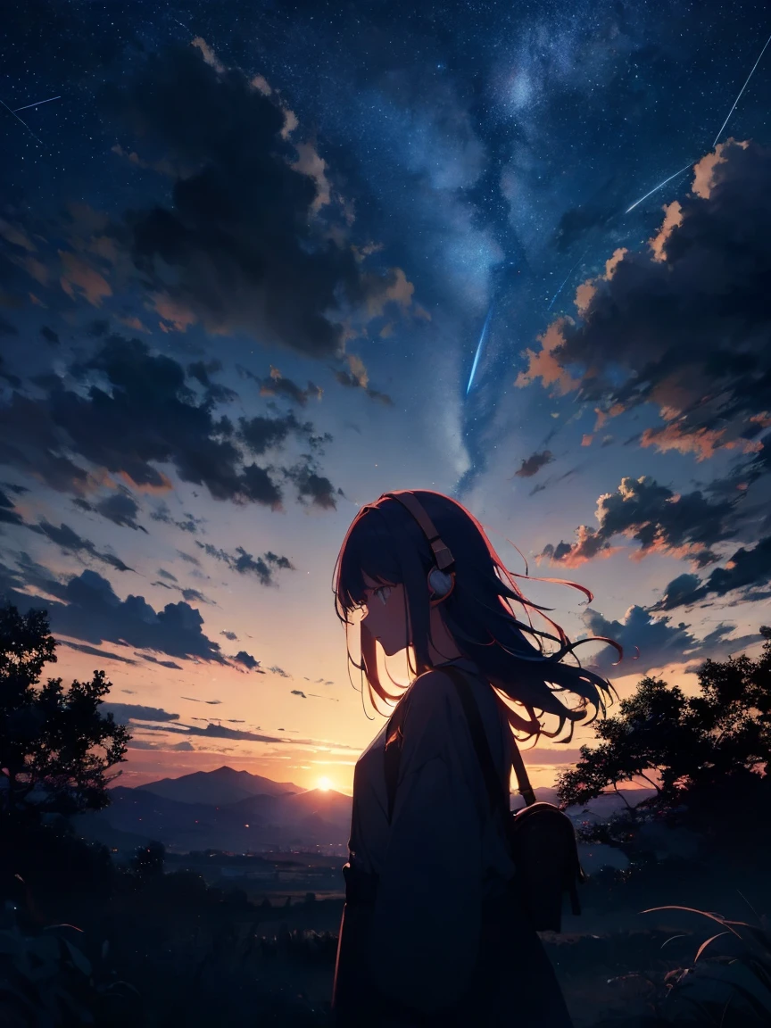 sunset、hill、cloud、Long Hair、woman、silhouette、Back view、Beautiful starry sky、Look up at the sky、The wind is blowing、Wide sky、Headphones、shooting star