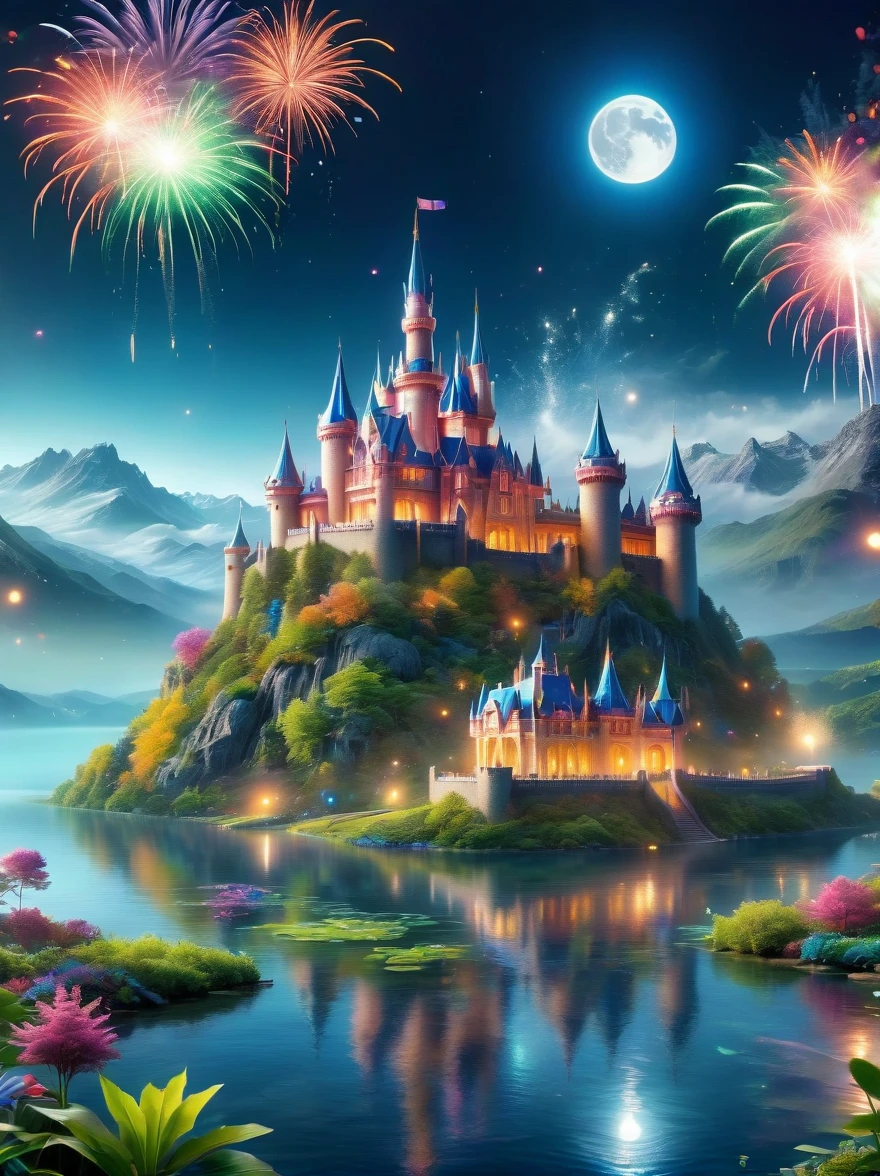 (A mysterious dream castle:1.5), night,(moon:1.5),(Bubbles),(fireworks:1.5),Dreams,(Psychedelic),(Neon light),In dreams,A hidden lake,Bright colors,A Glowing Feast,Add a unique character emitting the ethereal aura of a fantasy creature by the water。Wide angle lens,Make it panoramic,Showcasing stunning castle woodland scenery,This magical scene is full of the essence of the fantasy world, Fine fractal,smooth,vivid,Color ink,sketch,Shiny silhouette