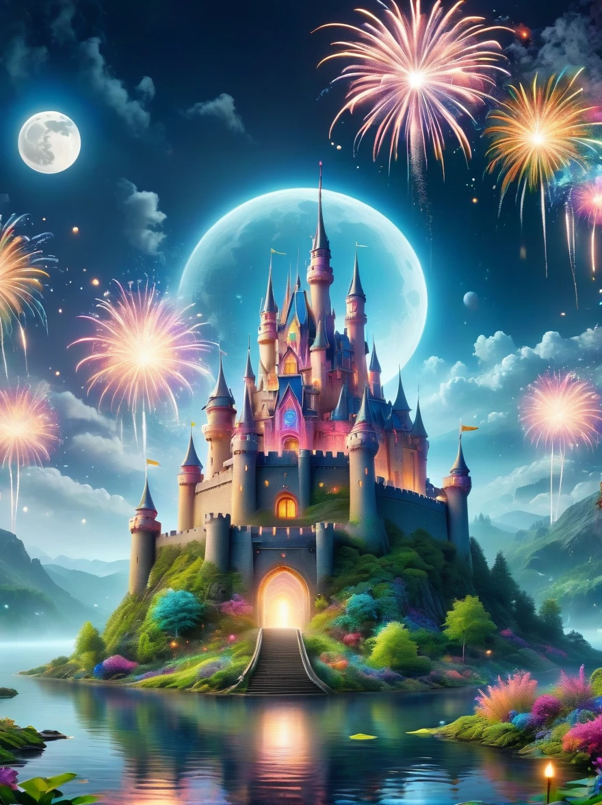 (A mysterious dream castle:1.5), night，(moon:1.5)，(Bubbles)，(fireworks:1.5)，Dreams，(Psychedelic)，(Neon light)，In dreams，A hidden lake，Bright colors，A Glowing Feast，Add a unique character emitting the ethereal aura of a fantasy creature by the water。Wide angle lens，Make it panoramic，Showcasing stunning castle woodland scenery，This magical scene is full of the essence of the fantasy world, Fine fractal，smooth，vivid，Color ink，sketch，Shiny silhouette