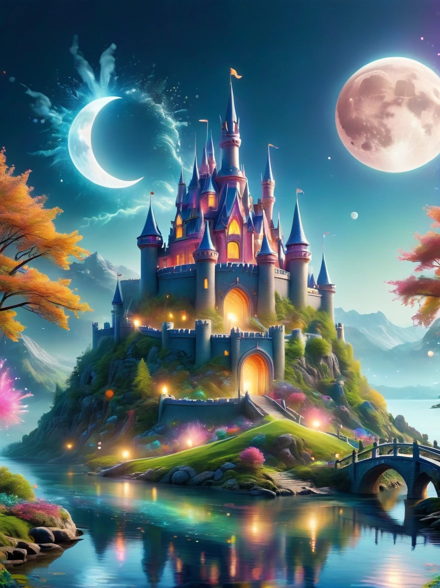 (A mysterious dream castle:1.5), night，(moon:1.5)，(Bubbles)，(fireworks:1.5)，Dreams，(Psychedelic)，(Neon light)，In dreams，A hidden lake，Bright colors，A Glowing Feast，Add a unique character emitting the ethereal aura of a fantasy creature by the water。Wide angle lens，Make it panoramic，Showcasing stunning castle woodland scenery，This magical scene is full of the essence of the fantasy world, Fine fractal，smooth，vivid，Color ink，sketch，Shiny silhouette