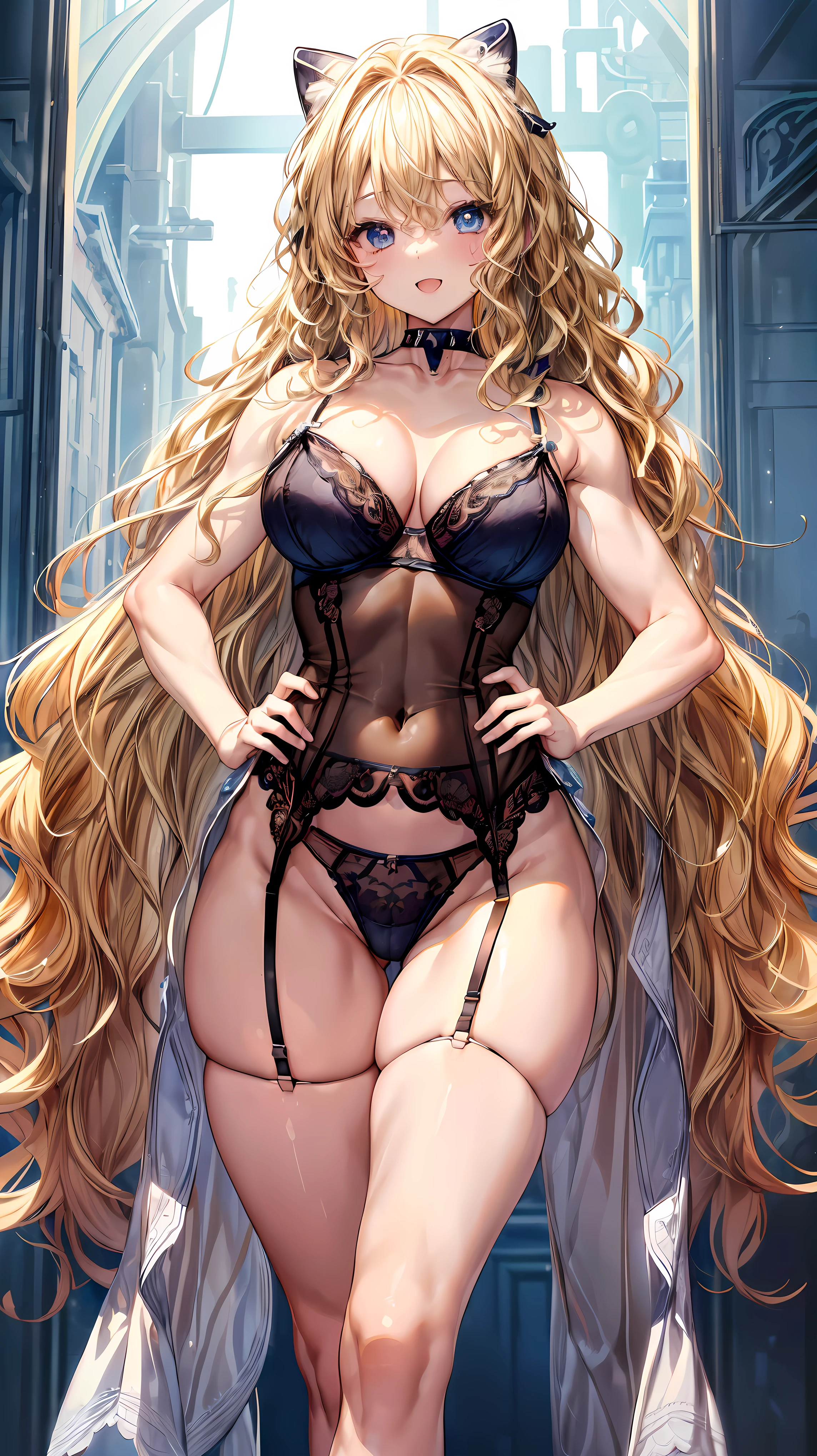 (Adult women:1.5)、Very detailed、highest quality、Best image quality、masterpiece、8k、Anime Face、A kind smile、(Open your mouth:1.3)、Sparkling blue eyes、(Blonde Wavy Hair:1.5)、、Muscles of the whole body、(High leg:1.5)、Thigh belt、(Wearing lingerie:1.5)、(Cowboy Shot:1.5)、SFW Giant、(Put your hands on your hips)