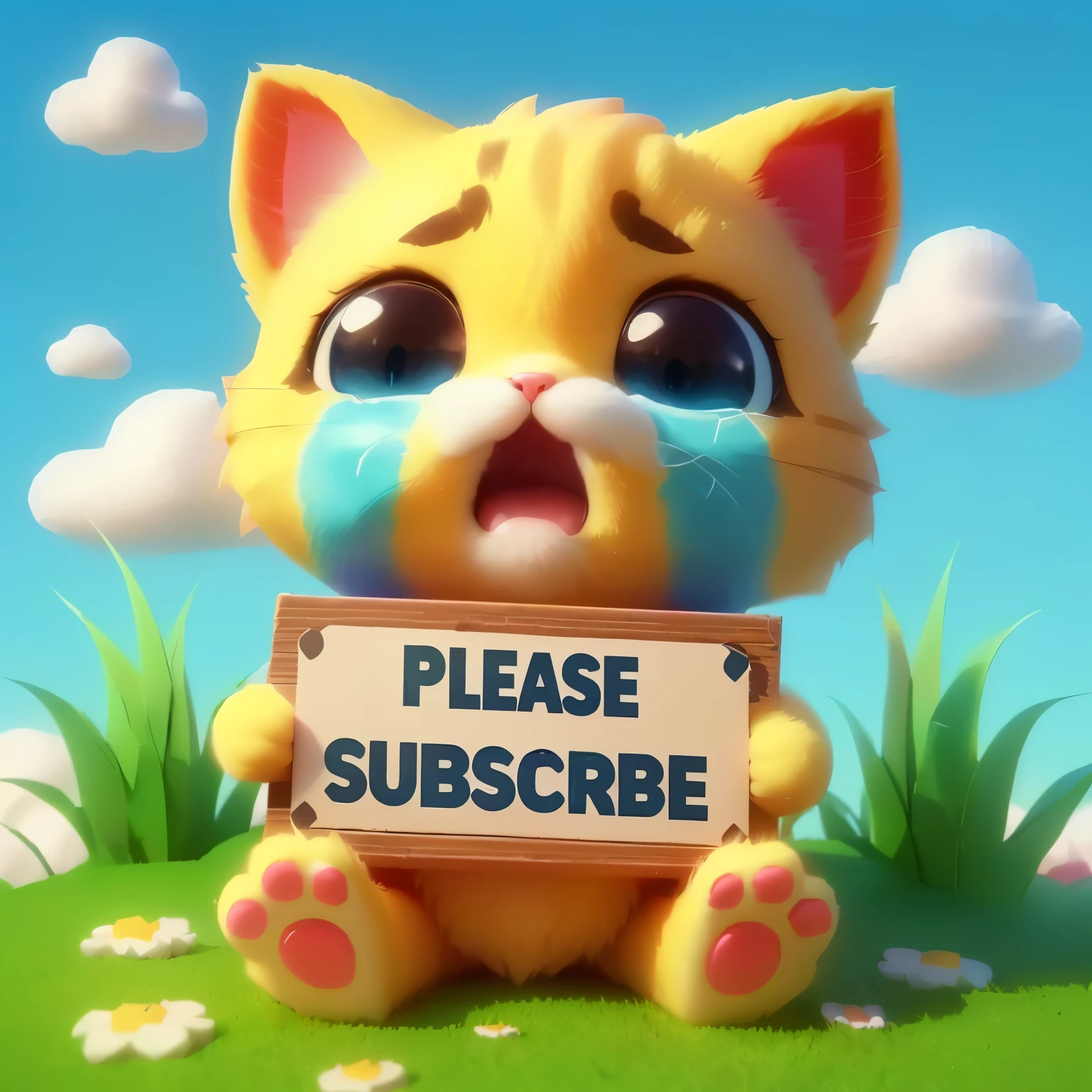 cartoon cat holding a sign that says please subscribe, please, cute furry needs your help, ruan cute vtuber, telegram sticker, world boss kitten, cute 3 d render, meow, cute! c4d, profile picture 1024px, adorable digital painting, 3 d icon for mobile game, anime visual of a cute cat, kawaii cat