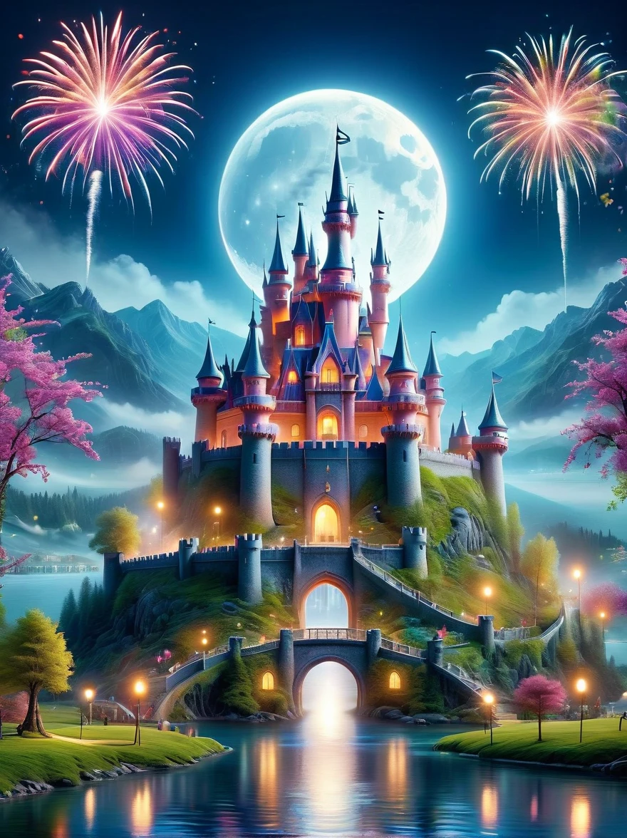 (A mysterious dream castle:1.5), night，(moon:1.5)，(Bubbles)，(fireworks:1.5)，Dreams，(Psychedelic)，(Neon light)，In dreams，A hidden lake，Bright colors，A Glowing Feast，Add a unique character emitting the ethereal aura of a fantasy creature by the water。Wide angle lens，Make it panoramic，Showcasing stunning castle woodland scenery，This magical scene is full of the essence of the fantasy world, Fine fractal，smooth，vivid，Color ink，sketch，Shiny silhouette