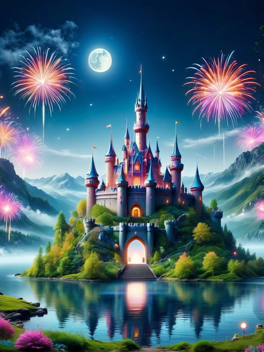 (A mysterious dream castle:1.5), night，(moon:1.5)，(Bubbles)，(fireworks:1.5)，Dreams，(Psychedelic)，(Neon light)，In dreams，A hidden lake，Bright colors，A Glowing Feast，Add a unique character emitting the ethereal aura of a fantasy creature by the water。Wide angle lens，Make it panoramic，Showcasing stunning castle woodland scenery，This magical scene is full of the essence of the fantasy world, Fine fractal，smooth，vivid，Color ink，sketch，Shiny silhouette