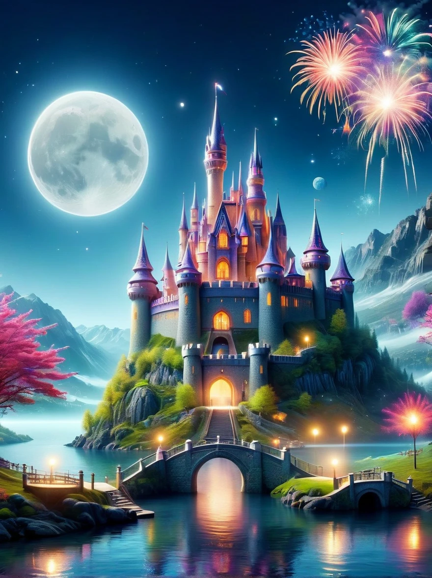 (A mysterious dream castle:1.5), night，(moon:1.5)，(Bubbles)，(fireworks:1.5)，Dreams，(Psychedelic)，(Neon light)，In dreams，A hidden lake，Bright colors，A Glowing Feast，Add a unique character emitting the ethereal aura of a fantasy creature by the water。Wide angle lens，Make it panoramic，Showcasing stunning castle woodland scenery，This magical scene is full of the essence of the fantasy world, Fine fractal，smooth，vivid，Color ink，sketch，Shiny silhouette