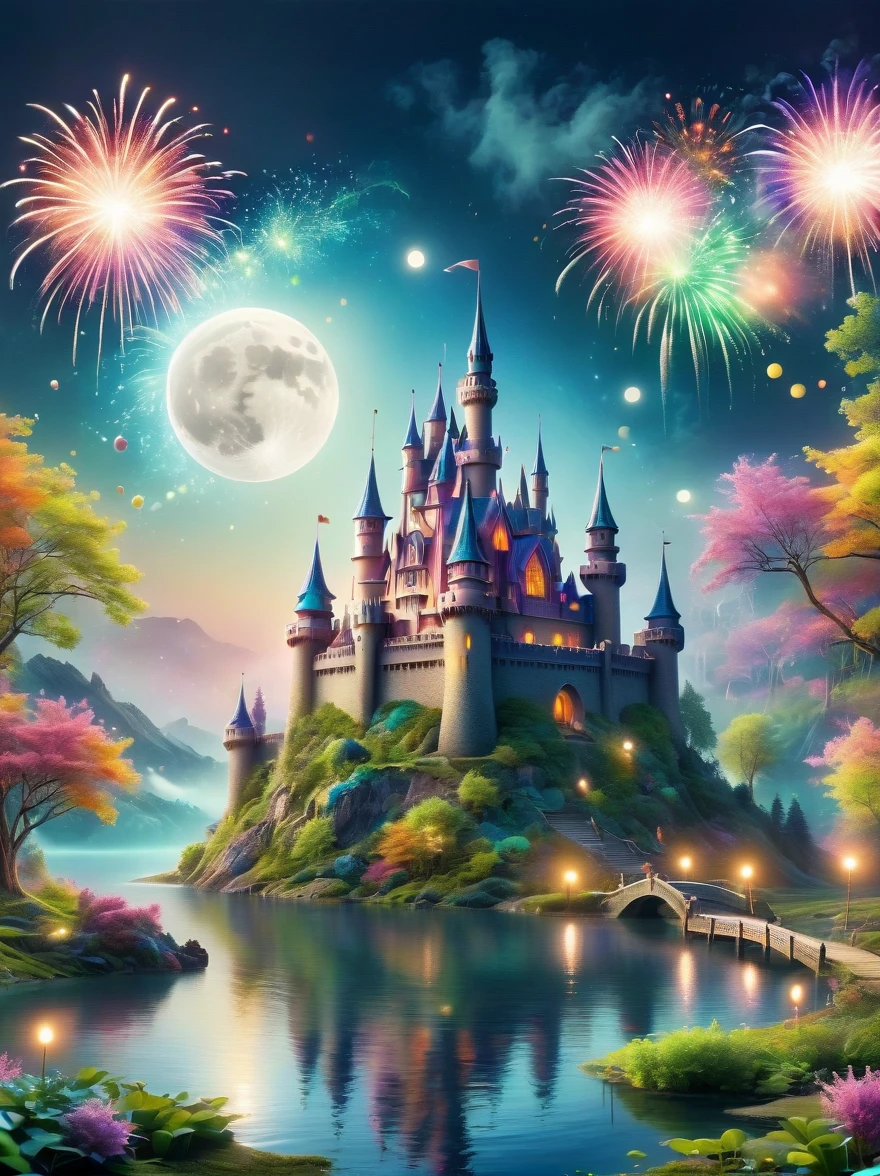 (A mysterious dream castle:1.5), night，(moon:1.5)，(Bubbles)，(fireworks:1.5)，Dreams，(Psychedelic)，(Neon light)，In dreams，A hidden lake，Bright colors，A Glowing Feast，Add a unique character emitting the ethereal aura of a fantasy creature by the water。Wide angle lens，Make it panoramic，Showcasing stunning castle woodland scenery，This magical scene is full of the essence of the fantasy world, Fine fractal，smooth，vivid，Color ink，sketch，Shiny silhouette