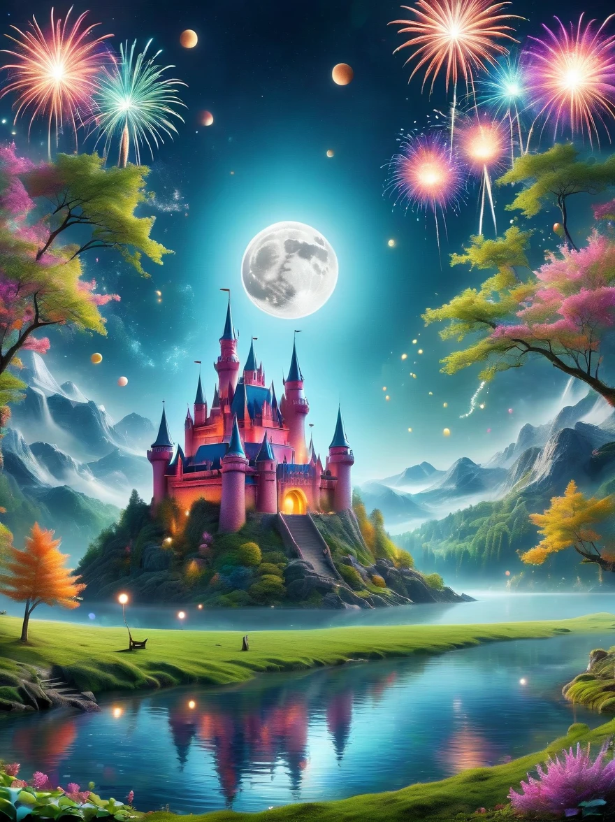 (A mysterious dream castle:1.5), night，(moon:1.5)，(Bubbles)，(fireworks:1.5)，Dreams，(Psychedelic)，(Neon light)，In dreams，A hidden lake，Bright colors，A Glowing Feast，Add a unique character emitting the ethereal aura of a fantasy creature by the water。Wide angle lens，Make it panoramic，Showcasing stunning castle woodland scenery，This magical scene is full of the essence of the fantasy world, Fine fractal，smooth，vivid，Color ink，sketch，Shiny silhouette