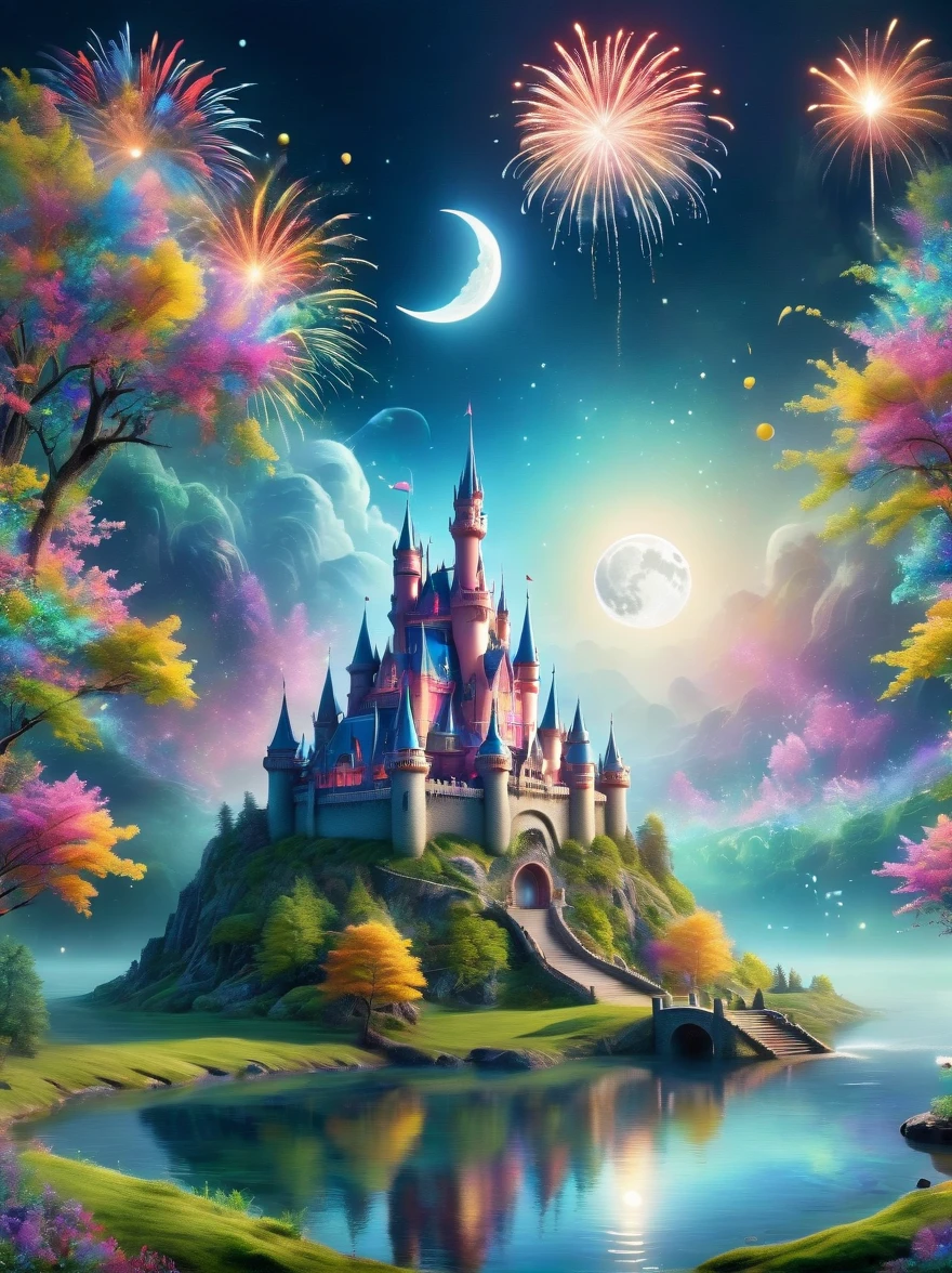 (A mysterious dream castle:1.5), night，(moon:1.5)，(Bubbles)，(fireworks:1.5)，Dreams，(Psychedelic)，(Neon light)，In dreams，A hidden lake，Bright colors，A Glowing Feast，Add a unique character emitting the ethereal aura of a fantasy creature by the water。Wide angle lens，Make it panoramic，Showcasing stunning castle woodland scenery，This magical scene is full of the essence of the fantasy world, Fine fractal，smooth，vivid，Color ink，sketch，Shiny silhouette