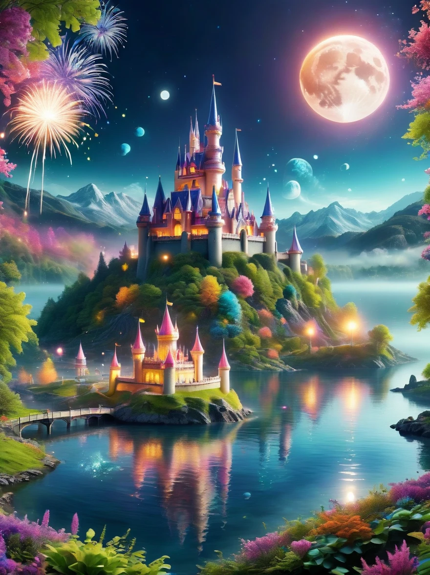 (A mysterious dream castle:1.5), night，(moon:1.5)，(Bubbles)，(fireworks:1.5)，Dreams，(Psychedelic)，(Neon light)，In dreams，A hidden lake，Bright colors，A Glowing Feast，Add a unique character emitting the ethereal aura of a fantasy creature by the water。Wide angle lens，Make it panoramic，Showcasing stunning castle woodland scenery，This magical scene is full of the essence of the fantasy world, Fine fractal，smooth，vivid，Color ink，sketch，Shiny silhouette