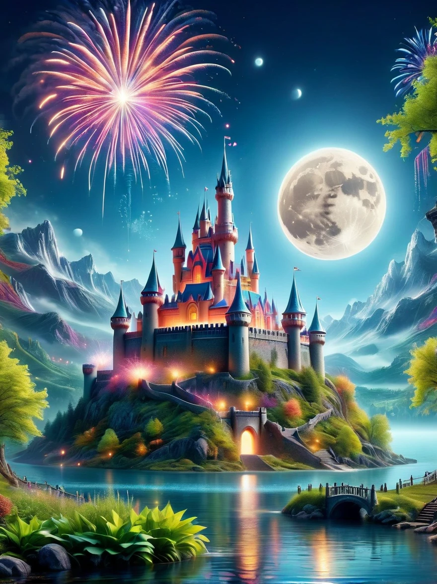 (A mysterious dream castle:1.5), night，(moon:1.5)，(Bubbles)，(fireworks:1.5)，Dreams，(Psychedelic)，(Neon light)，In dreams，A hidden lake，Bright colors，A Glowing Feast，Add a unique character emitting the ethereal aura of a fantasy creature by the water。Wide angle lens，Make it panoramic，Showcasing stunning castle woodland scenery，This magical scene is full of the essence of the fantasy world, Fine fractal，smooth，vivid，Color ink，sketch，Shiny silhouette