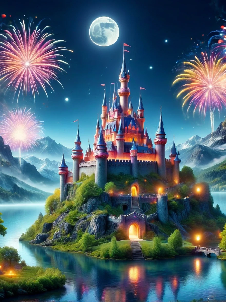 (A mysterious dream castle:1.5), night，(moon:1.5)，(Bubbles)，(fireworks:1.5)，Dreams，(Psychedelic)，(Neon light)，In dreams，A hidden lake，Bright colors，A Glowing Feast，Add a unique character emitting the ethereal aura of a fantasy creature by the water。Wide angle lens，Make it panoramic，Showcasing stunning castle woodland scenery，This magical scene is full of the essence of the fantasy world, Fine fractal，smooth，vivid，Color ink，sketch，Shiny silhouette