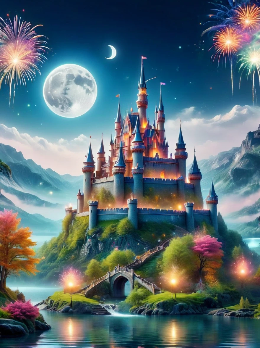 (A mysterious dream castle:1.5), night，(moon:1.5)，(Bubbles)，(fireworks:1.5)，Dreams，(Psychedelic)，(Neon light)，In dreams，A hidden lake，Bright colors，A Glowing Feast，Add a unique character emitting the ethereal aura of a fantasy creature by the water。Wide angle lens，Make it panoramic，Showcasing stunning castle woodland scenery，This magical scene is full of the essence of the fantasy world, Fine fractal，smooth，vivid，Color ink，sketch，Shiny silhouette