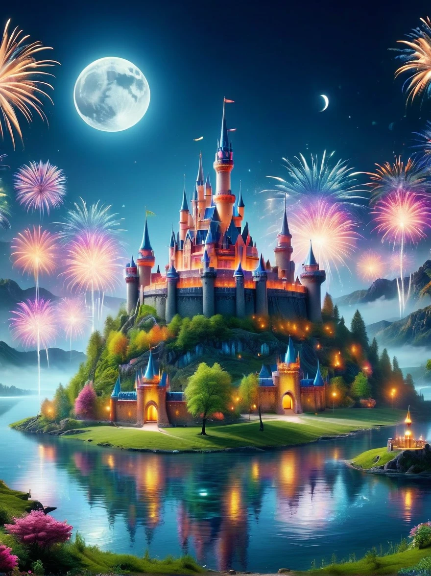 (A mysterious dream castle:1.5), night，(moon:1.5)，(Bubbles)，(fireworks:1.5)，Dreams，(Psychedelic)，(Neon light)，In dreams，A hidden lake，Bright colors，A Glowing Feast，Add a unique character emitting the ethereal aura of a fantasy creature by the water。Wide angle lens，Make it panoramic，Showcasing stunning castle woodland scenery，This magical scene is full of the essence of the fantasy world, Fine fractal，smooth，vivid，Color ink，sketch，Shiny silhouette