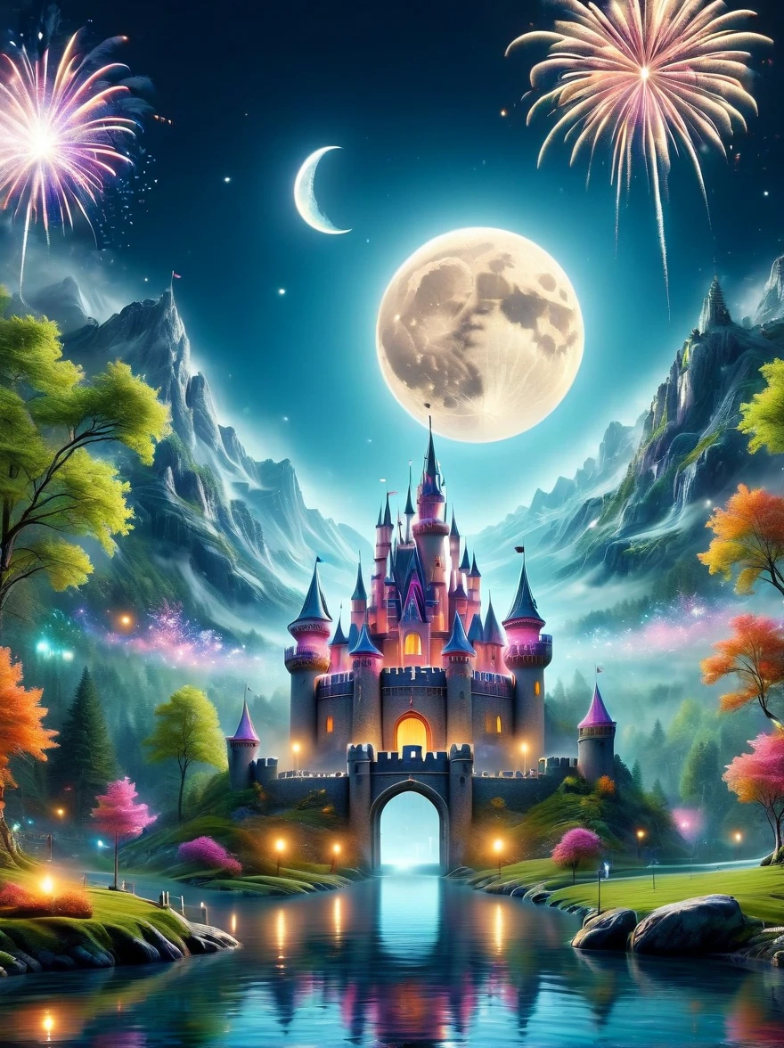 (A mysterious dream castle:1.5), night，(moon:1.5)，(Bubbles)，(fireworks:1.5)，Dreams，(Psychedelic)，(Neon light)，In dreams，A hidden lake，Bright colors，A Glowing Feast，Add a unique character emitting the ethereal aura of a fantasy creature by the water。Wide angle lens，Make it panoramic，Showcasing stunning castle woodland scenery，This magical scene is full of the essence of the fantasy world, Fine fractal，smooth，vivid，Color ink，sketch，Shiny silhouette